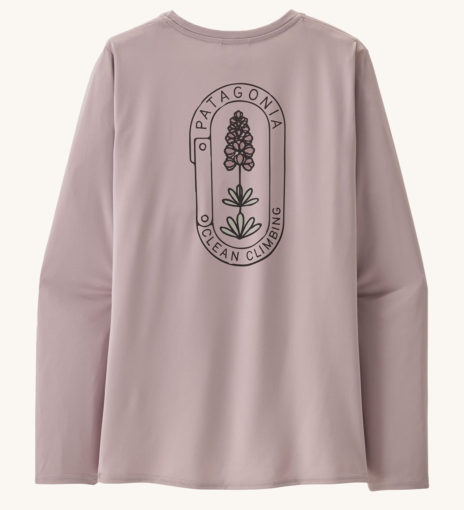 The back of the Patagonia Women's Long-Sleeved Capilene Cool Shirt with a  Clean Climb Bloom graphic in an Echo Purple colour.