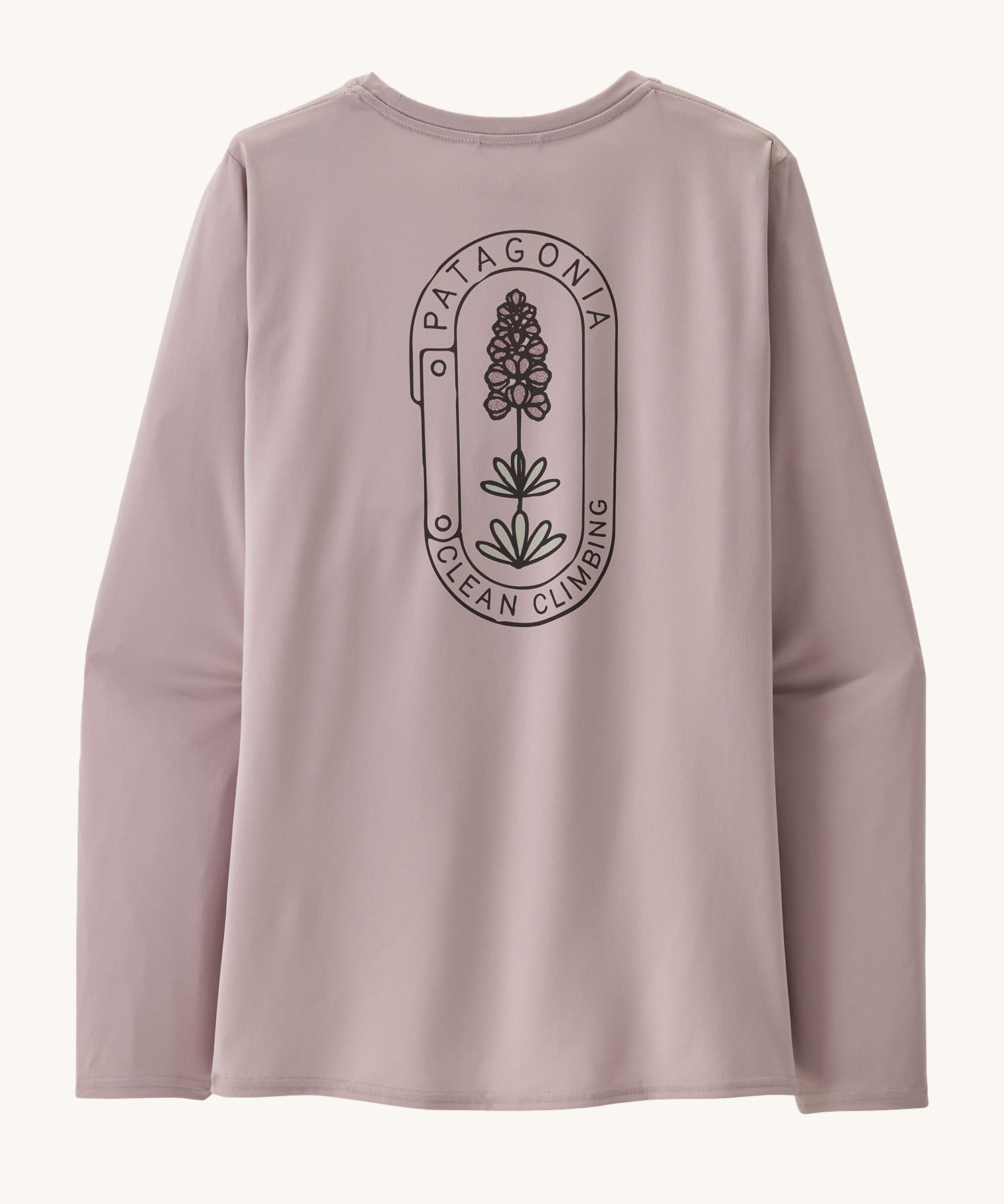 The back of the Patagonia Women's Long-Sleeved Capilene Cool Shirt with a  Clean Climb Bloom graphic in an Echo Purple colour.