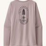 The back of the Patagonia Women's Long-Sleeved Capilene Cool Shirt with a  Clean Climb Bloom graphic in an Echo Purple colour.