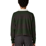 Woman waering a Patagonia women's long sleeved wide stripe rugby shirt in dark green showing the back of the top.