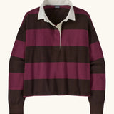 Patagonia women's long sleeved cotton rugby shirt in wide stripe berry fig with white collar.