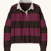 Patagonia women's long sleeved cotton rugby shirt in wide stripe berry fig with white collar.