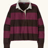 Patagonia women's long sleeved cotton rugby shirt in wide stripe berry fig with white collar.