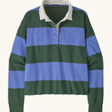 Patagonia women's long sleeved cotton rugby shirt in wide stripe diver blue with white collar.