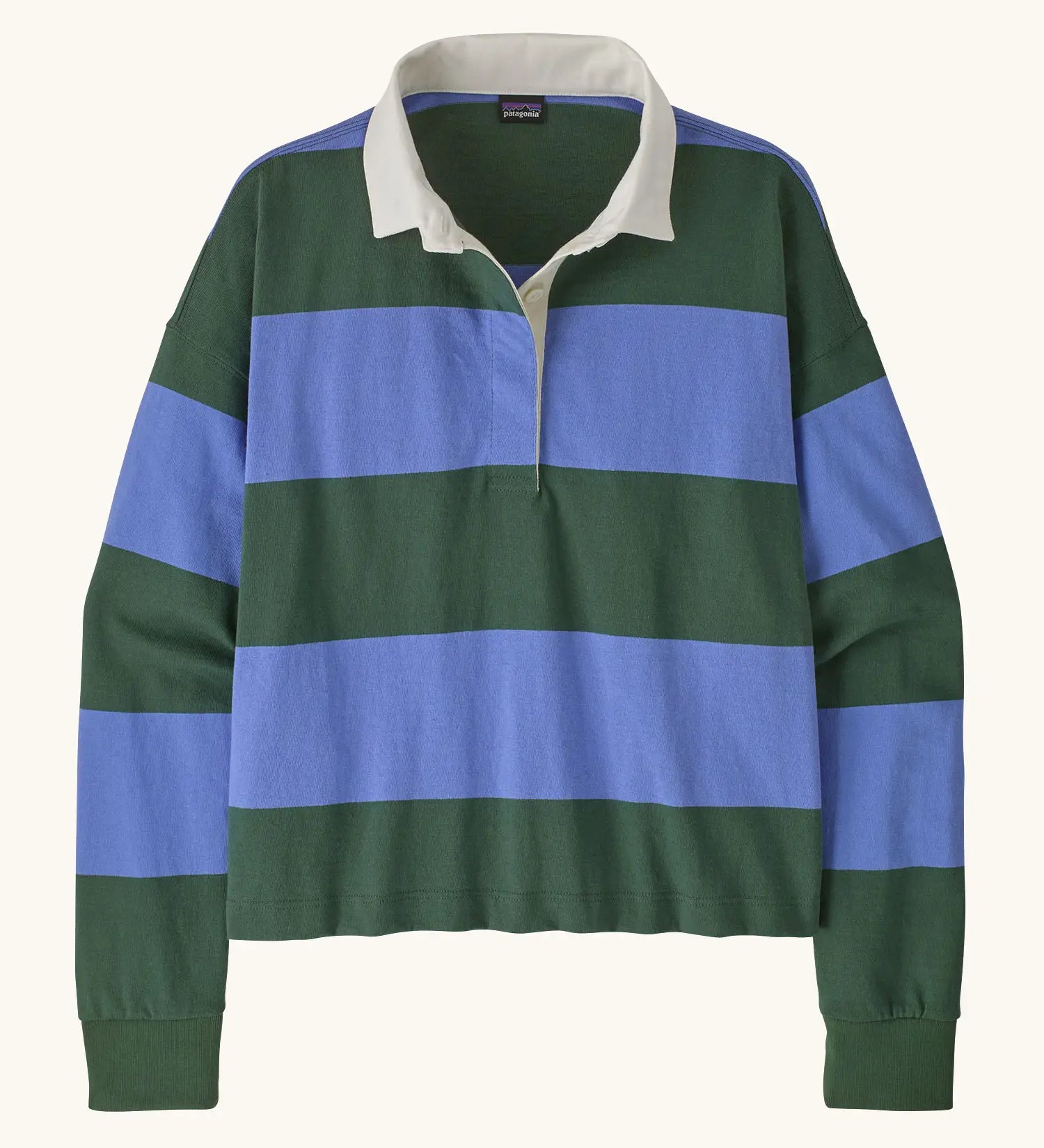 Patagonia women's long sleeved cotton rugby shirt in wide stripe diver blue with white collar.