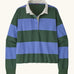 Patagonia women's long sleeved cotton rugby shirt in wide stripe diver blue with white collar.