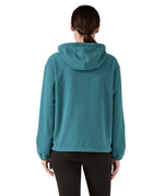 Patagonia women's micro fleece hooded jacket in a turquoise colour worn by a woman back detail