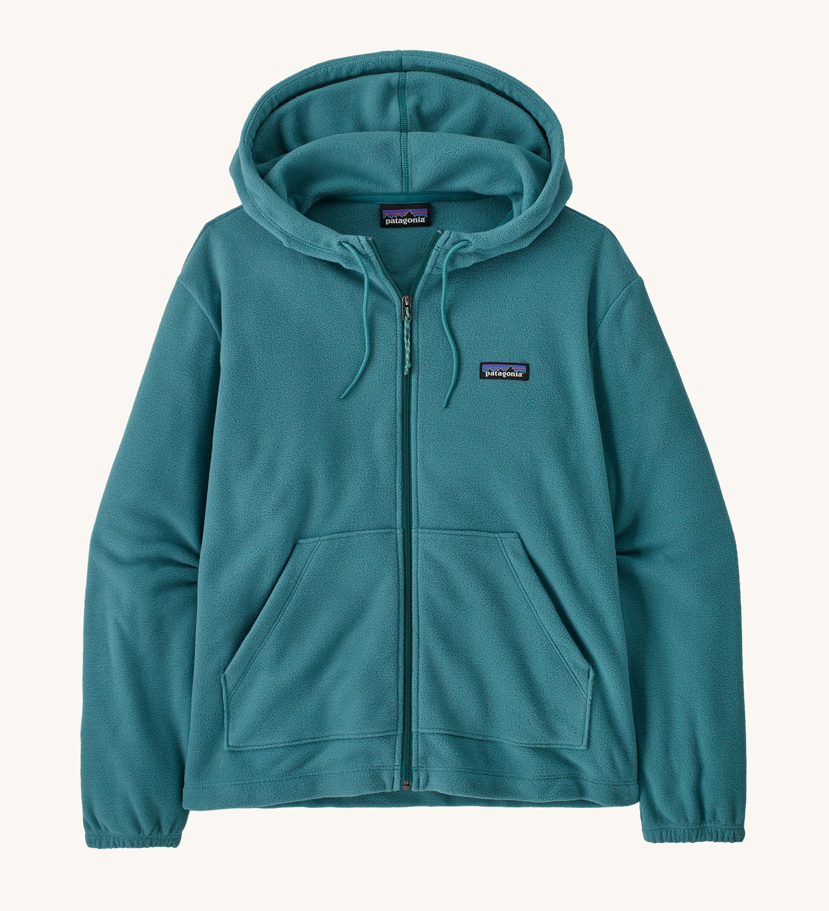 Patagonia women's micro fleece hooded jacket in a turquoise colour on a cream background.