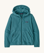 Patagonia women's micro fleece hooded jacket in a turquoise colour on a cream background.