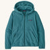 Patagonia women's micro fleece hooded jacket in a turquoise colour on a cream background.