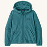 Patagonia women's micro fleece hooded jacket in a turquoise colour on a cream background.