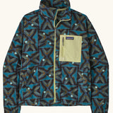 Patagonia women's microdini patch pocket jacket with a deep freeze pattern on black. Full zip jacket with zipped chest pocket and handwarmer pockets.