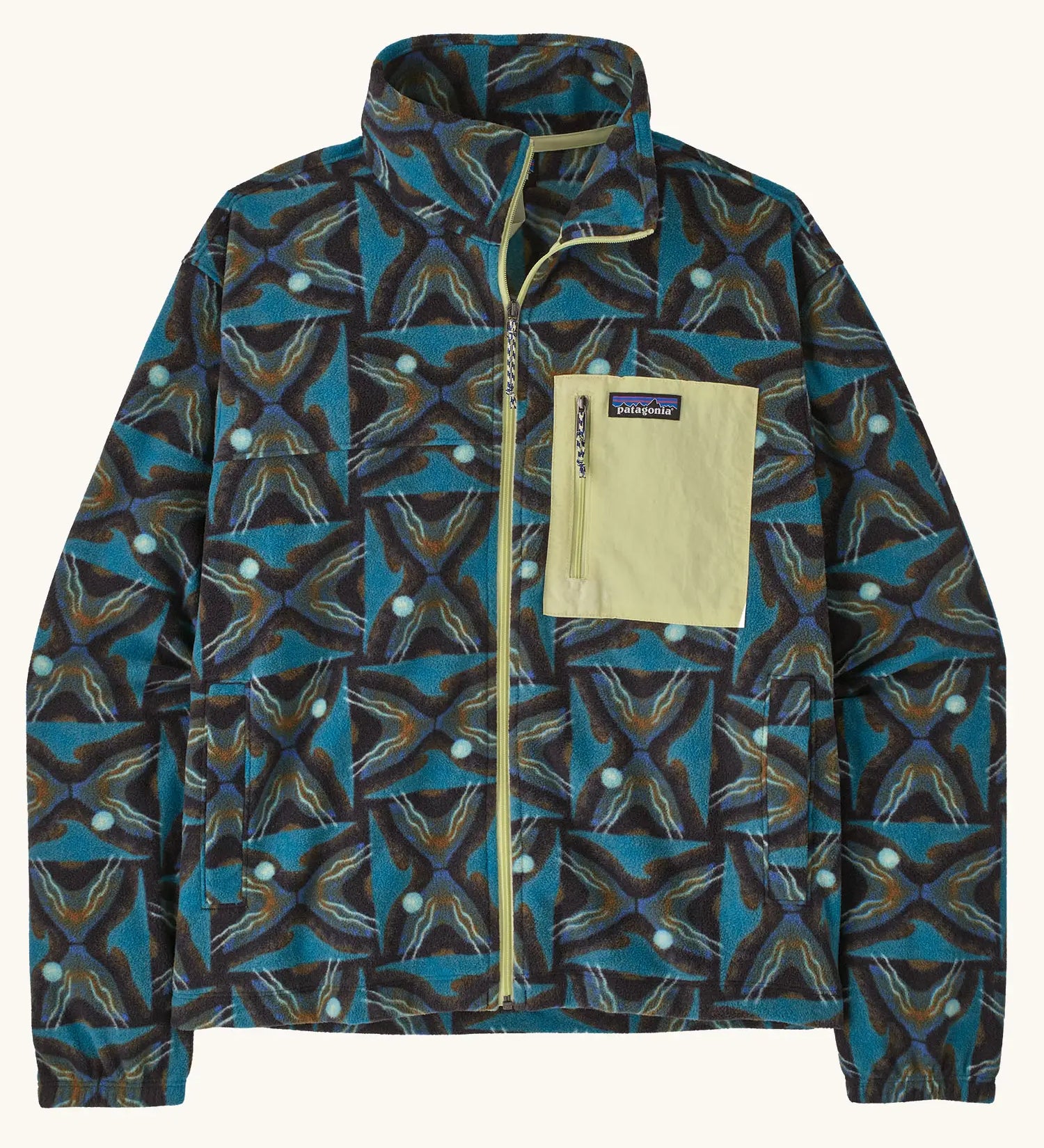 Patagonia women's microdini patch pocket jacket with a deep freeze pattern on black. Full zip jacket with zipped chest pocket and handwarmer pockets.