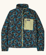 Patagonia women's microdini patch pocket jacket with a deep freeze pattern on black. Full zip jacket with zipped chest pocket and handwarmer pockets.