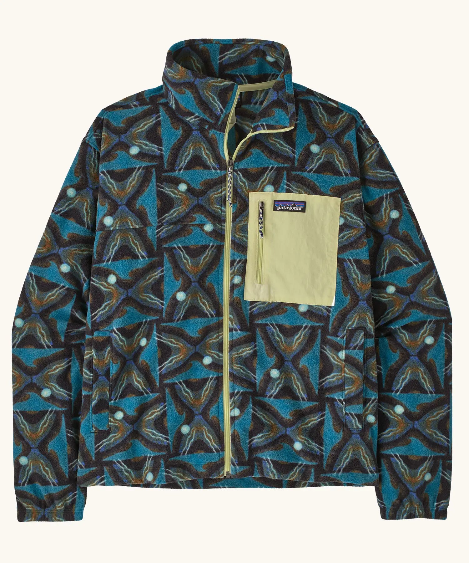 Patagonia women's microdini patch pocket jacket with a deep freeze pattern on black. Full zip jacket with zipped chest pocket and handwarmer pockets.