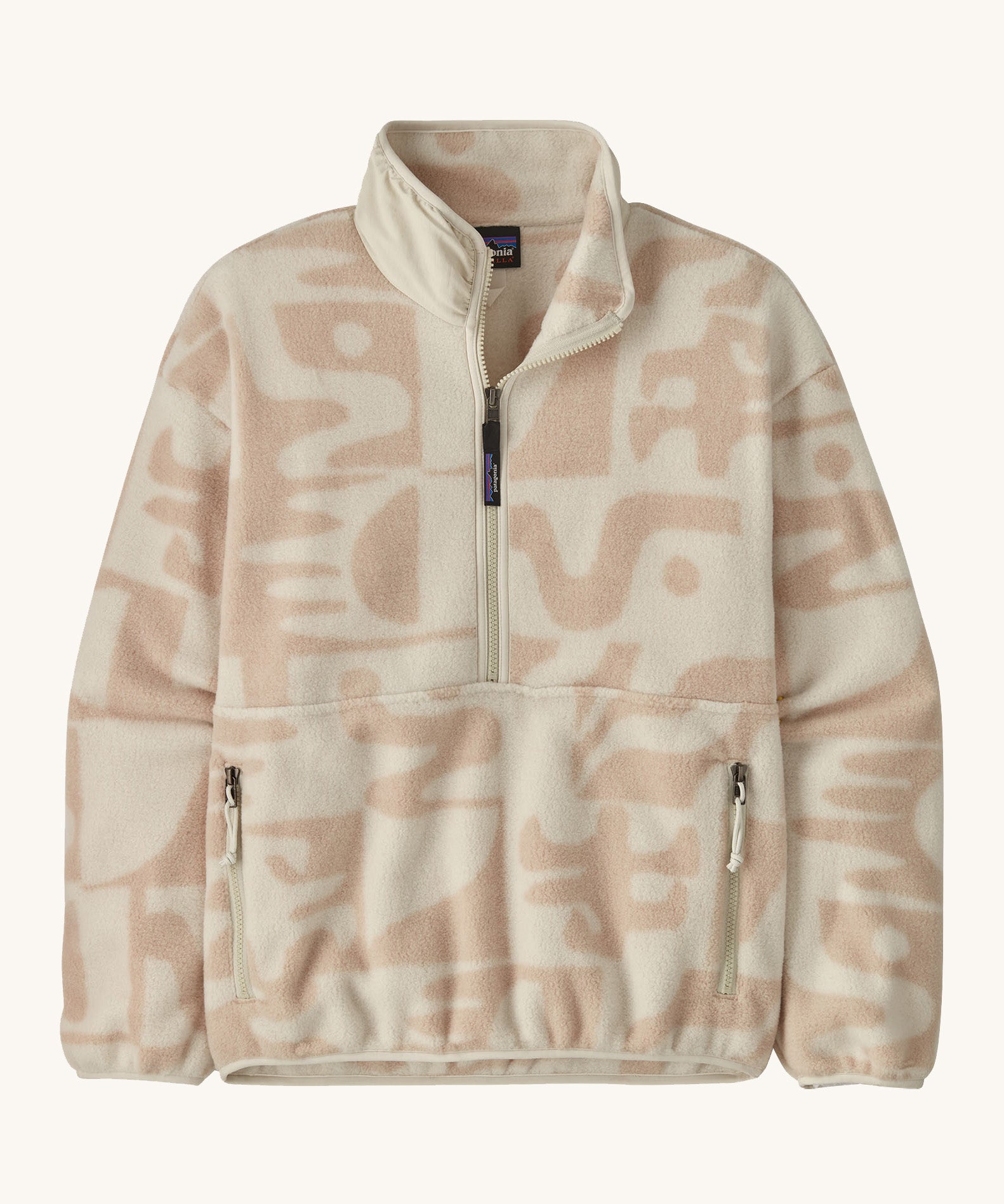 Patagonia Women's Synchilla Fleece Marsupial - Mother Tree / Dyno White is a neutral colour fleece with light pink patterns. Features 2 side pockets and s 1/2 zip.