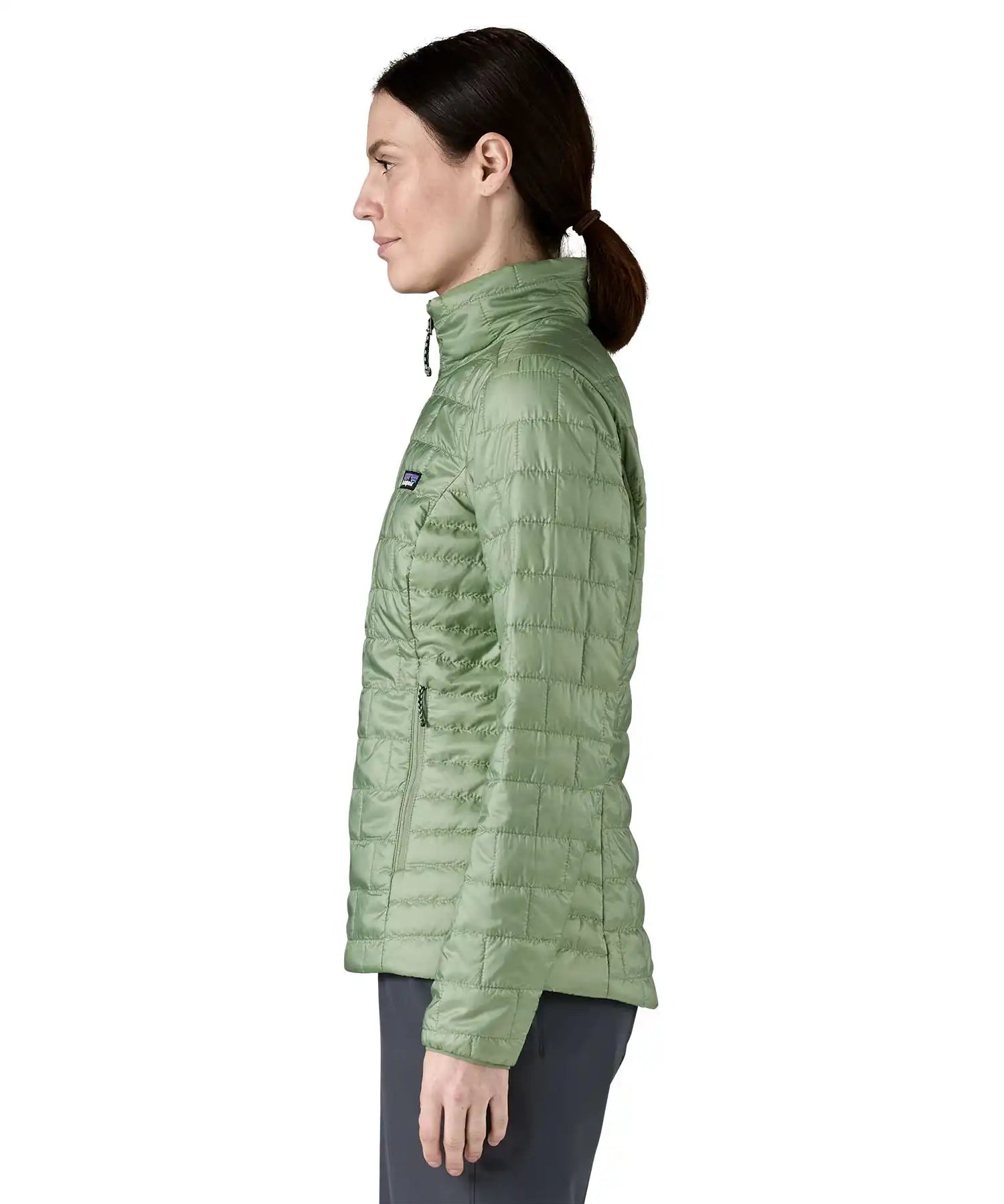 Patagonia Women's Nano Puff® Jacket Ellwood Green lightweight insulated jacket side profile showing slim fit and quilted insulation