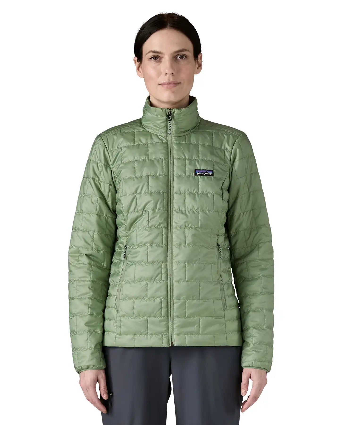 Patagonia Women's Nano Puff® Jacket Ellwood Green lightweight insulated jacket front view worn by model