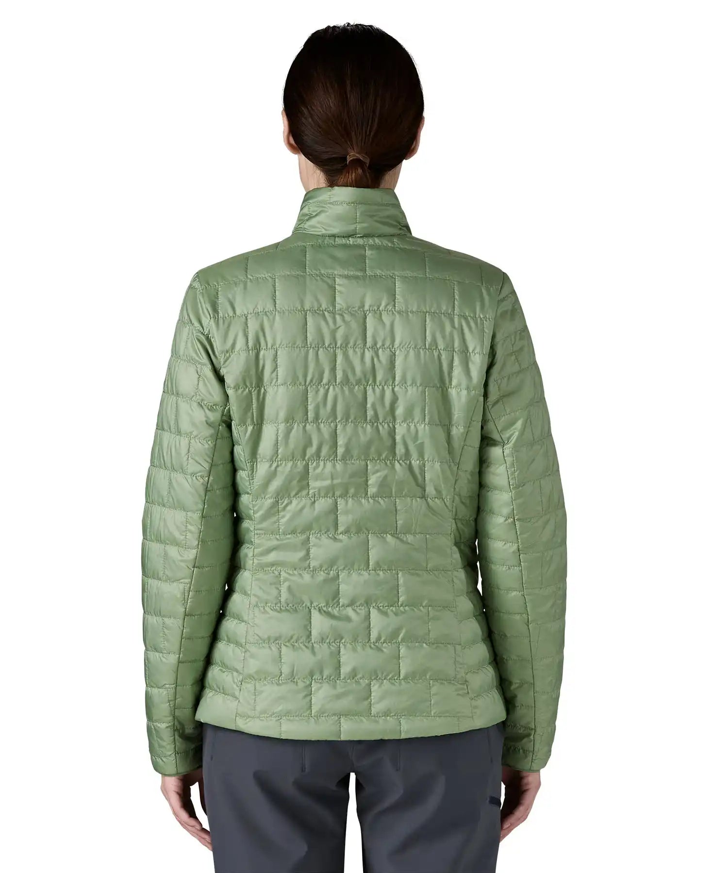 Patagonia Women's Nano Puff® Jacket Ellwood Green lightweight insulated jacket back view showing brick quilted PrimaLoft insulation pattern