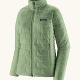 Patagonia Women's Nano Puff® Jacket Ellwood Green lightweight insulated jacket front angled view showing brick quilting and zip handwarmer pockets