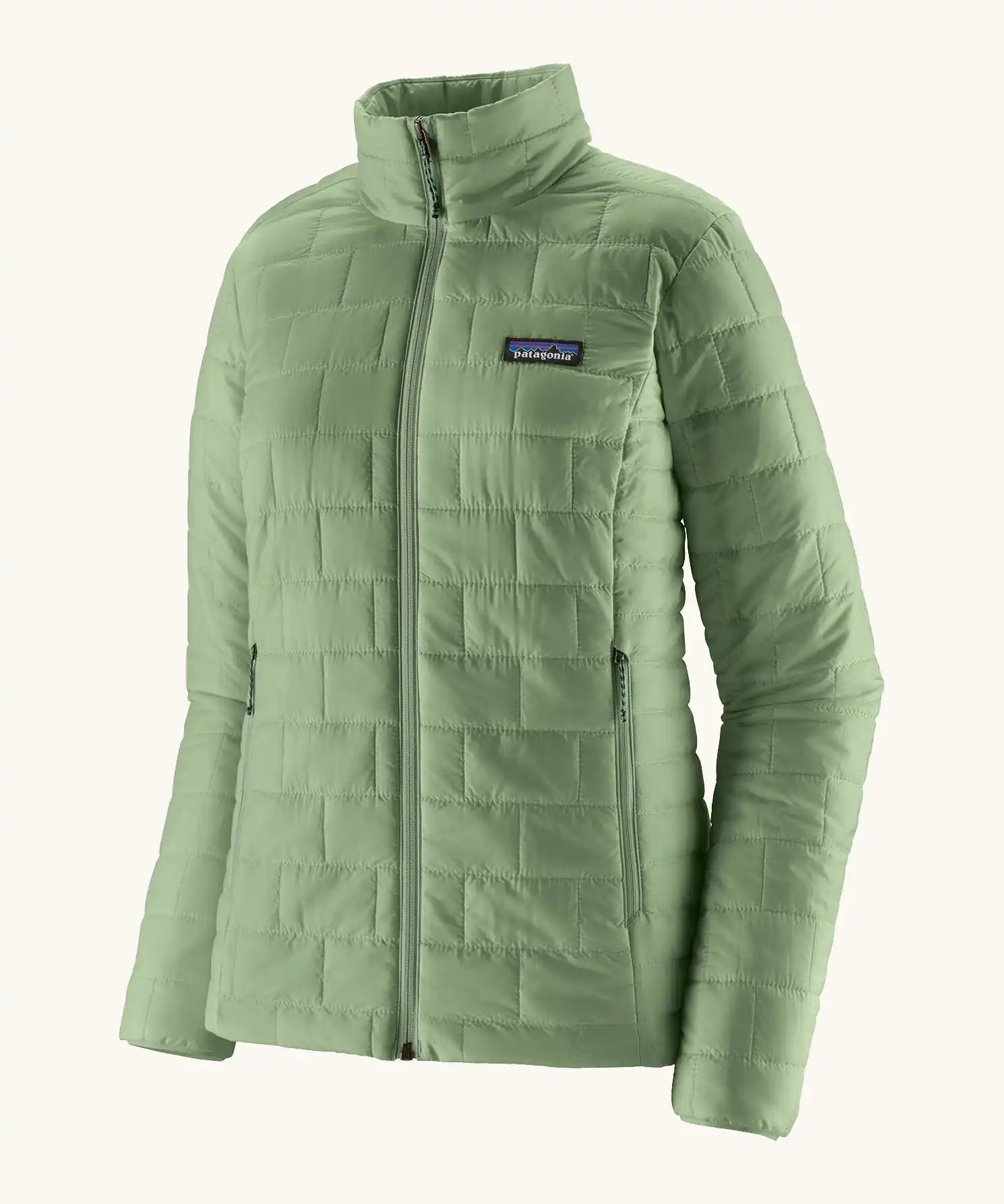Patagonia Women's Nano Puff® Jacket Ellwood Green lightweight insulated jacket front angled view showing brick quilting and zip handwarmer pockets