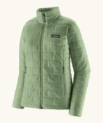 Patagonia Women's Nano Puff® Jacket Ellwood Green lightweight insulated jacket front angled view showing brick quilting and zip handwarmer pockets