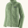Patagonia Women's Nano Puff® Jacket Ellwood Green lightweight insulated jacket front angled view showing brick quilting and zip handwarmer pockets