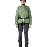 Patagonia Women's Nano Puff® Jacket Ellwood Green lightweight insulated jacket worn by climber with harness and helmet