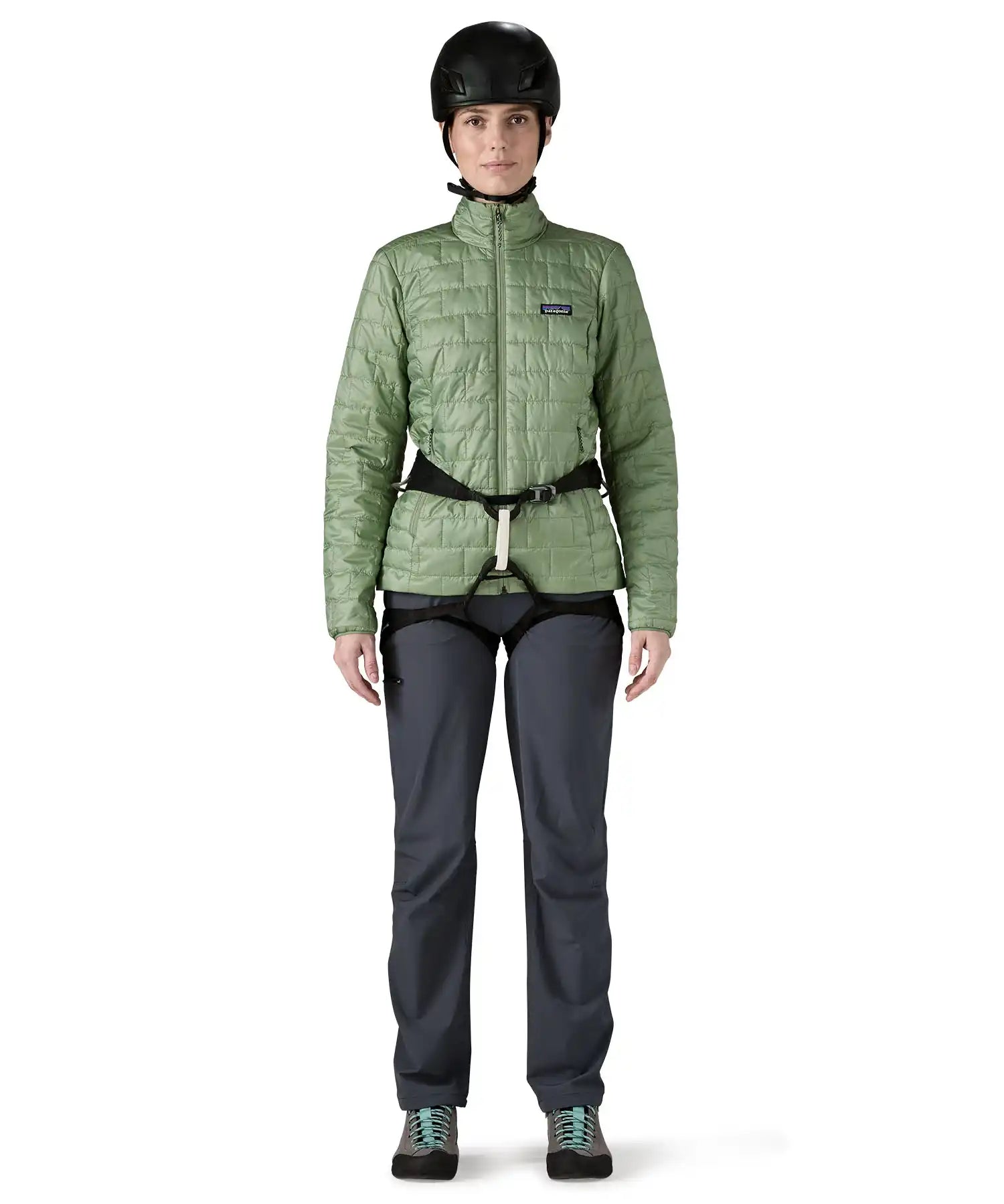 Patagonia Women's Nano Puff® Jacket Ellwood Green lightweight insulated jacket worn by climber with harness and helmet