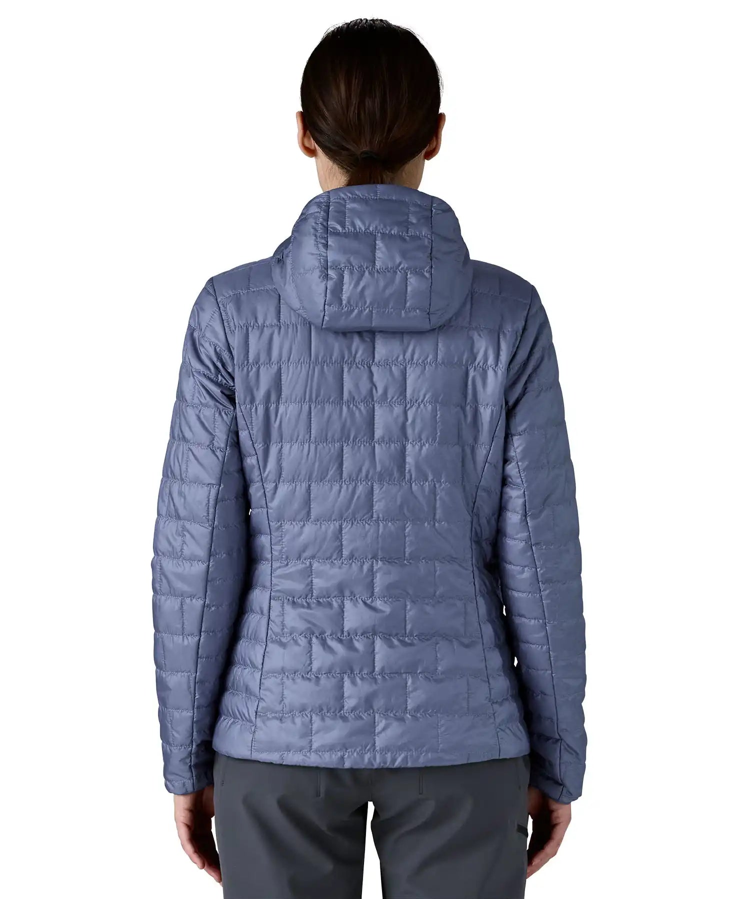 Patagonia Women's Nano Puff Hoody Jacket Current Blue rear view worn by model showing hood and brick quilted insulation