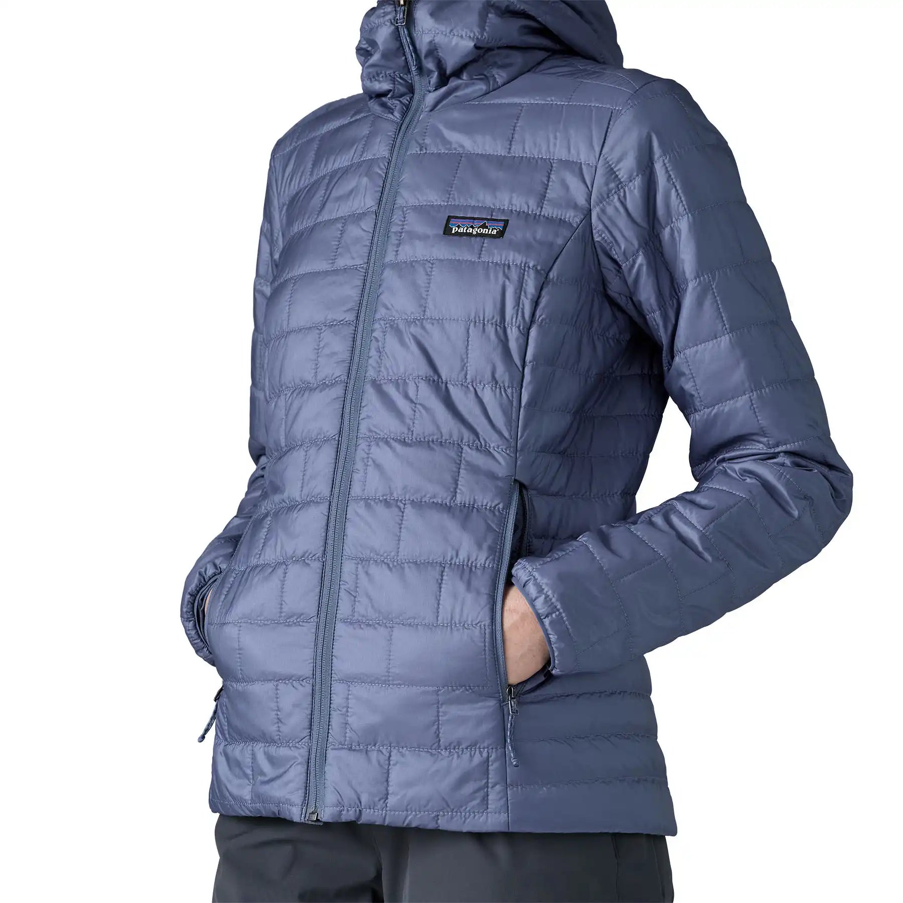 Patagonia Women's Nano Puff Hoody Jacket Current Blue lightweight insulated jacket front close-up showing brick quilting, zip closure and handwarmer pockets