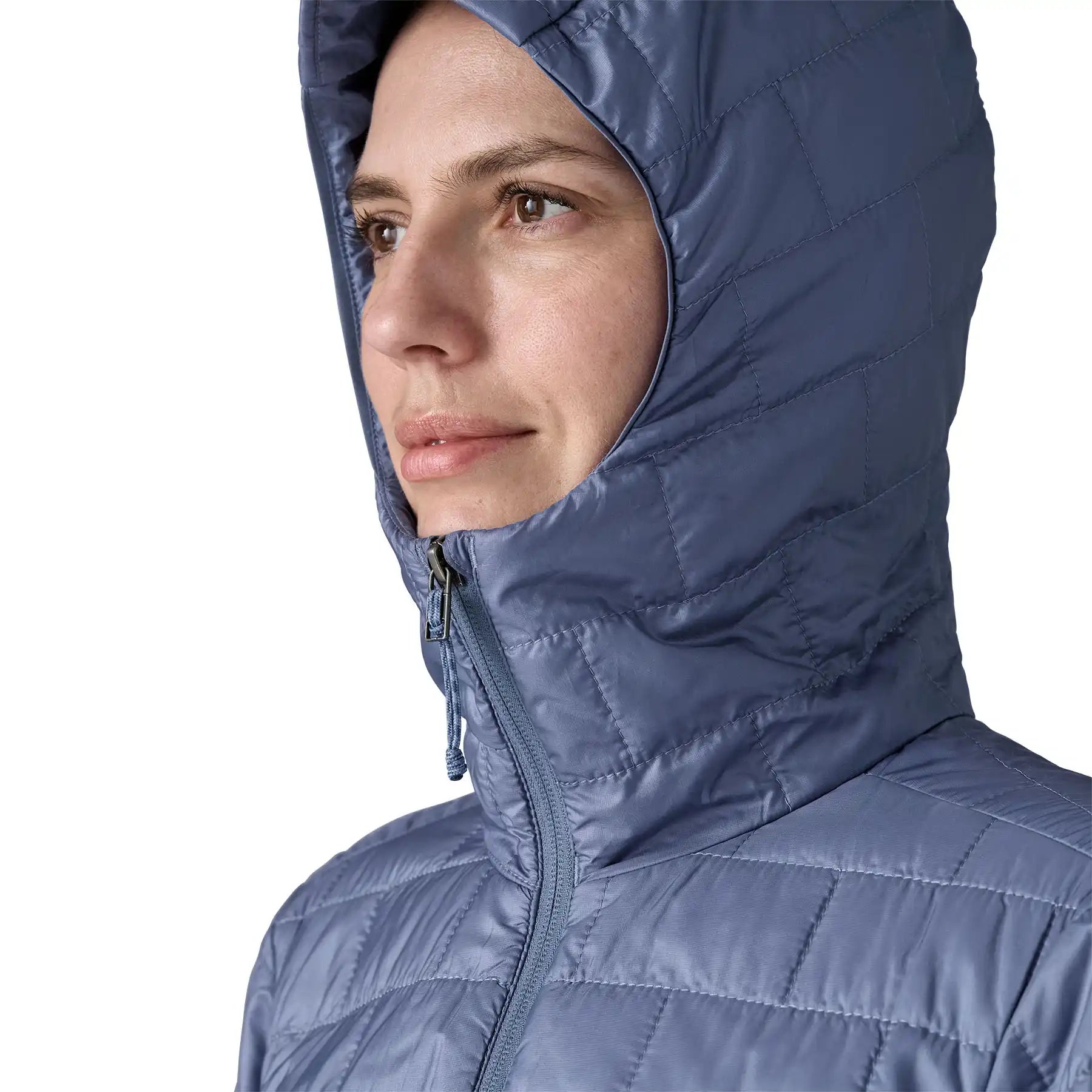 Patagonia Women's Nano Puff Hoody Jacket Current Blue close up of hood and brick quilted insulation with centre front zip