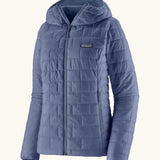 Patagonia Women's Nano Puff Hoody Jacket Current Blue lightweight insulated jacket with hood front angled view showing brick quilting and zip handwarmer pockets