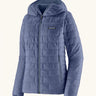 Patagonia Women's Nano Puff Hoody Jacket Current Blue lightweight insulated jacket with hood front angled view showing brick quilting and zip handwarmer pockets
