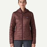 Front close up of the Patagonia Women’s Nano Puff Hoody in Dark Ruby with PrimaLoft Gold Eco insulation and lightweight packable outdoor design.