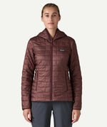 Front close up of the Patagonia Women’s Nano Puff Hoody in Dark Ruby with PrimaLoft Gold Eco insulation and lightweight packable outdoor design.