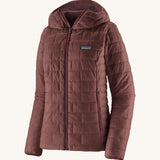 Patagonia Women’s Nano Puff Hooded Jacket in Dark Ruby, insulated recycled polyester ripstop coat with PrimaLoft Gold Eco for lightweight warmth.