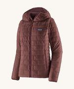 Patagonia Women’s Nano Puff Hooded Jacket in Dark Ruby, insulated recycled polyester ripstop coat with PrimaLoft Gold Eco for lightweight warmth.
