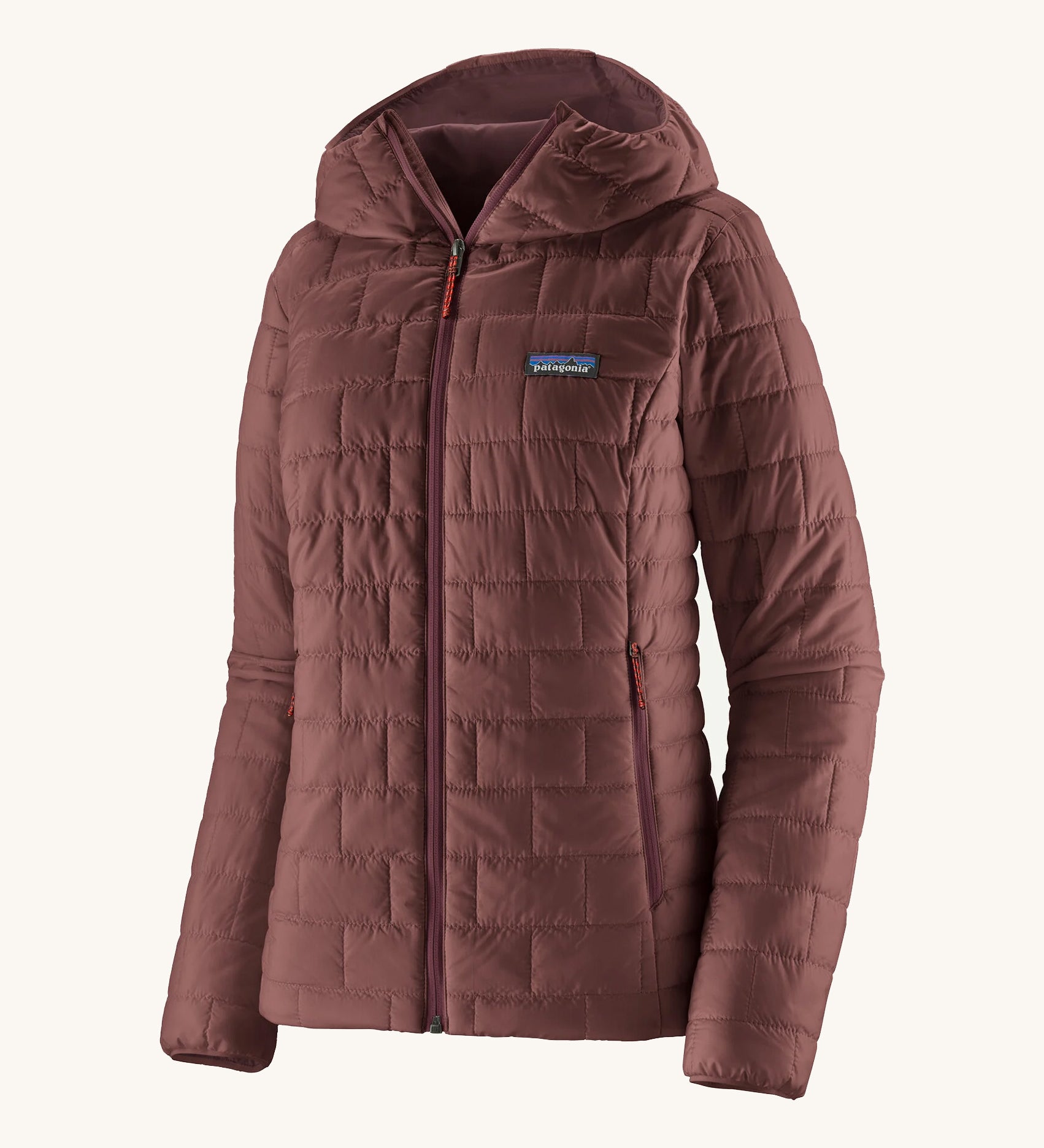 Patagonia Women’s Nano Puff Hooded Jacket in Dark Ruby, insulated recycled polyester ripstop coat with PrimaLoft Gold Eco for lightweight warmth.