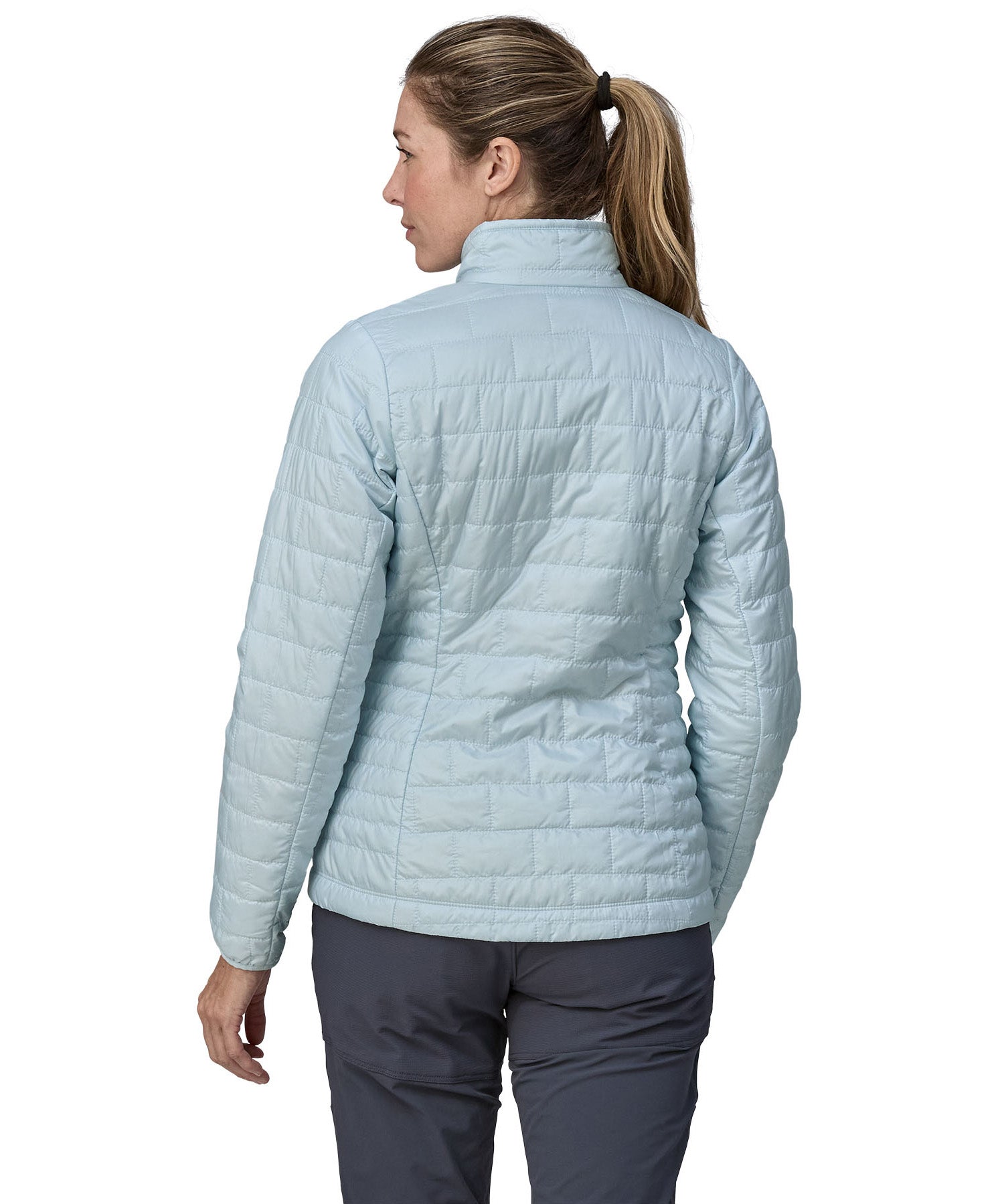 Patagonia women's nano puffer jacket in a chilled blue colour back detail
