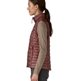 Patagonia Women's Nano Puff Vest Dark Ruby lightweight insulated gilet side profile worn by model