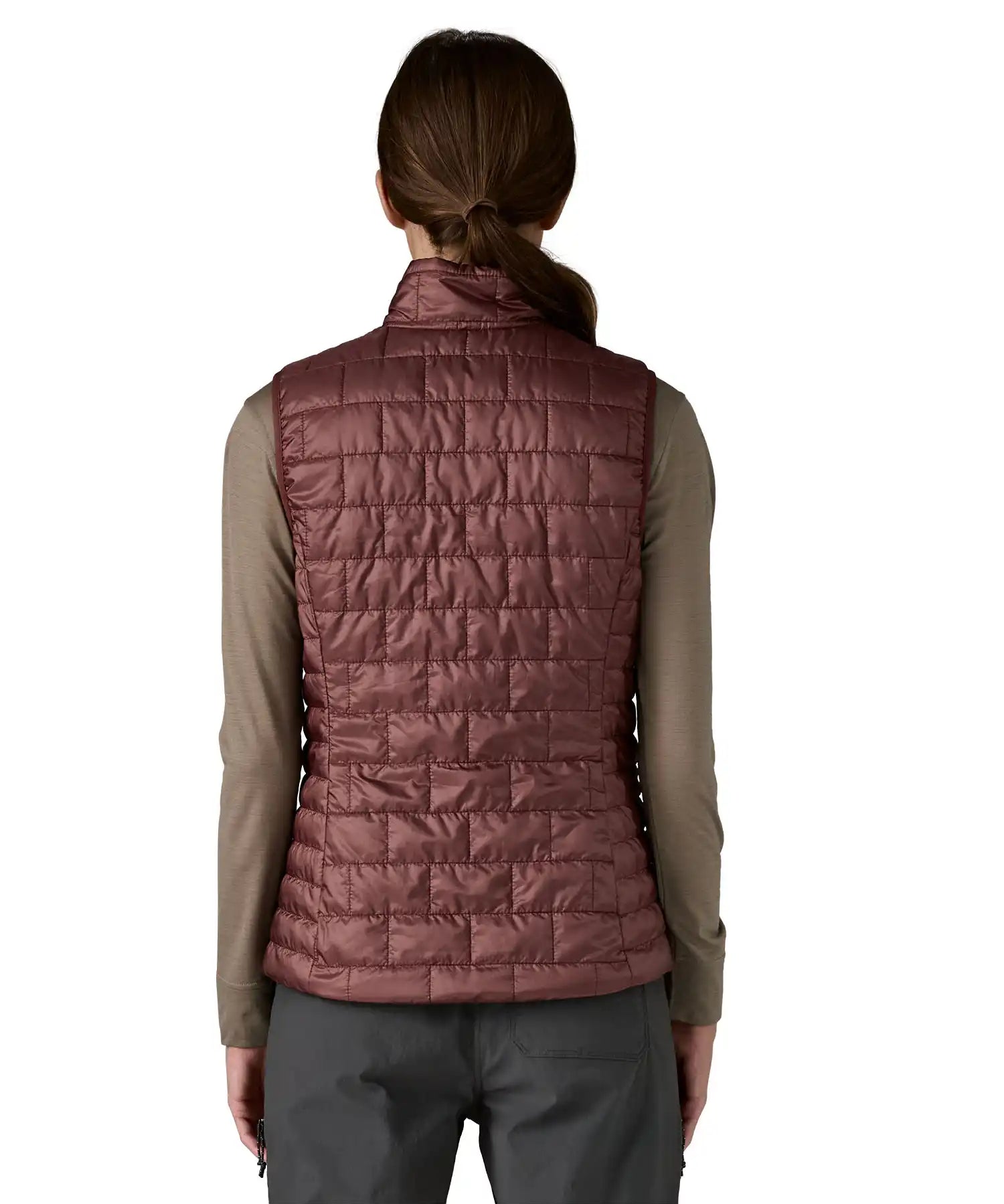 Patagonia Women's Nano Puff Vest Dark Ruby insulated gilet worn by model rear view showing quilted recycled polyester fabric