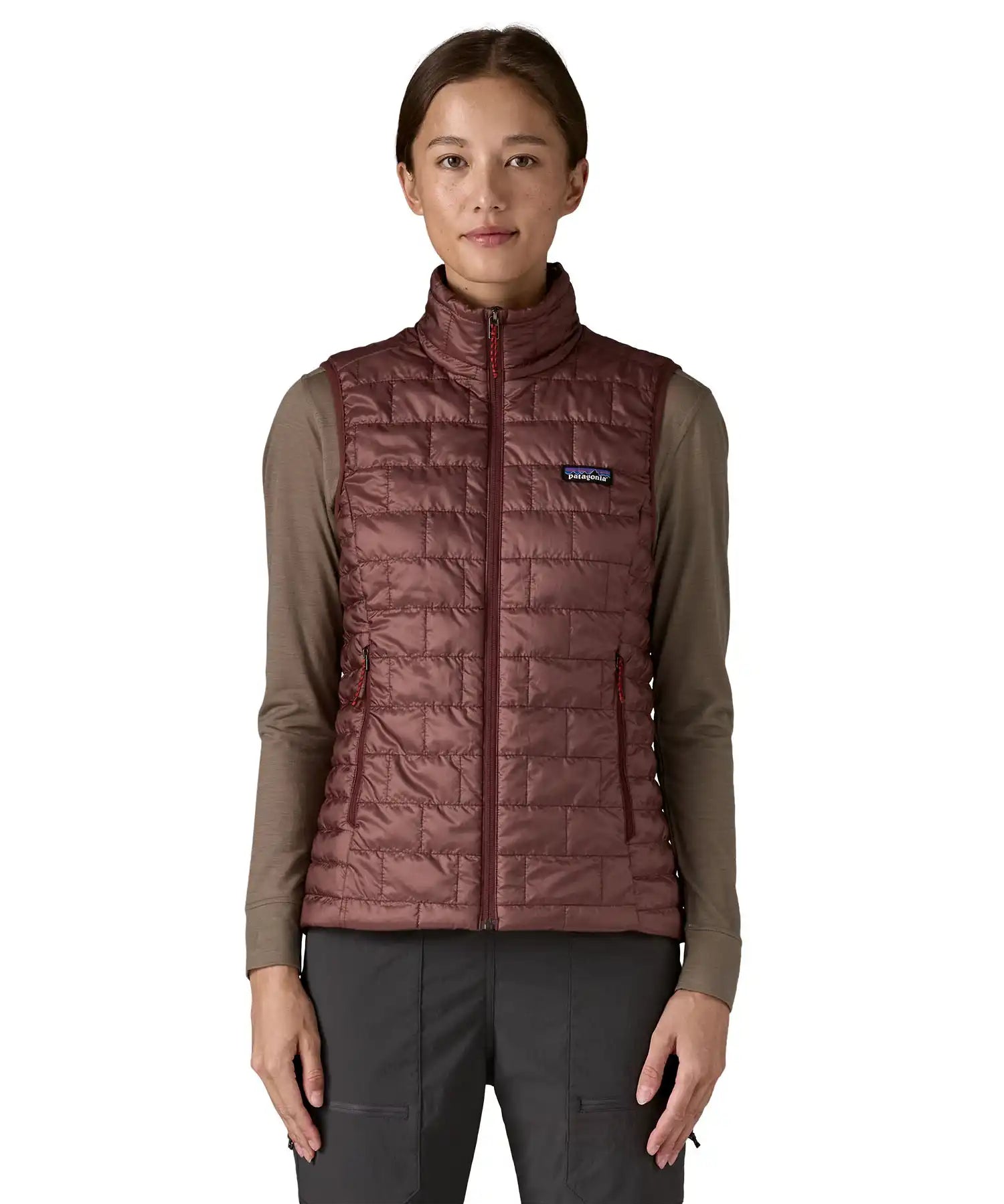 Patagonia Women's Nano Puff Vest Dark Ruby lightweight insulated gilet worn by model front view showing Patagonia chest logo and quilting