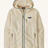 Patagonia Retro Pile Hoody. A women's fleece style jacket in a light cream colour with green trim. Features a full length zip, 2 side pockets, a chest pocket and a logo patch stitched on the left chest.
