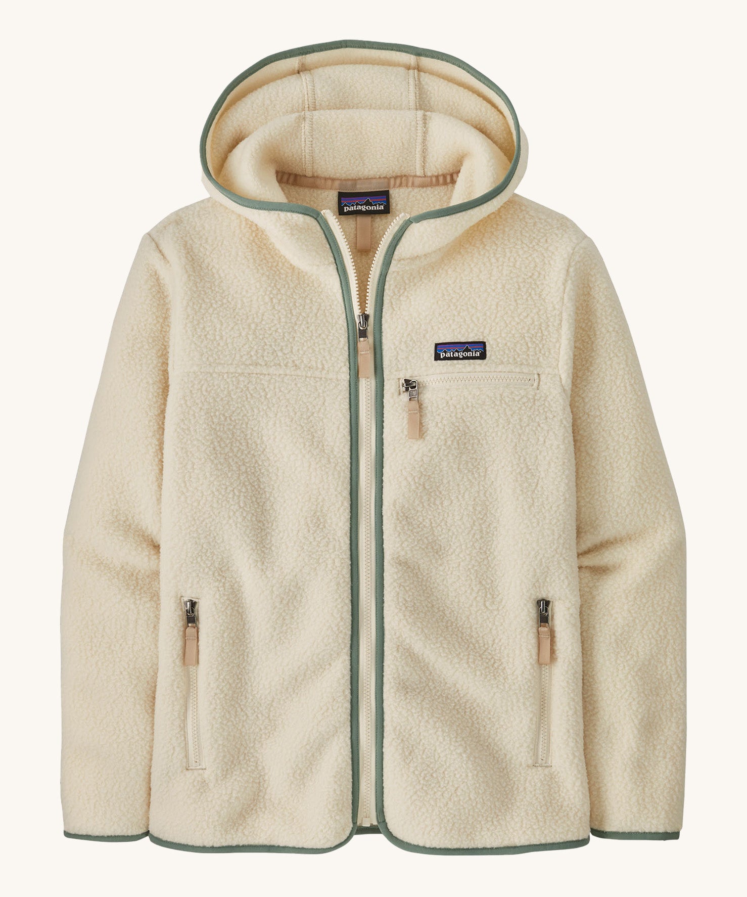 Patagonia Retro Pile Hoody. A women's fleece style jacket in a light cream colour with green trim. Features a full length zip, 2 side pockets, a chest pocket and a logo patch stitched on the left chest.