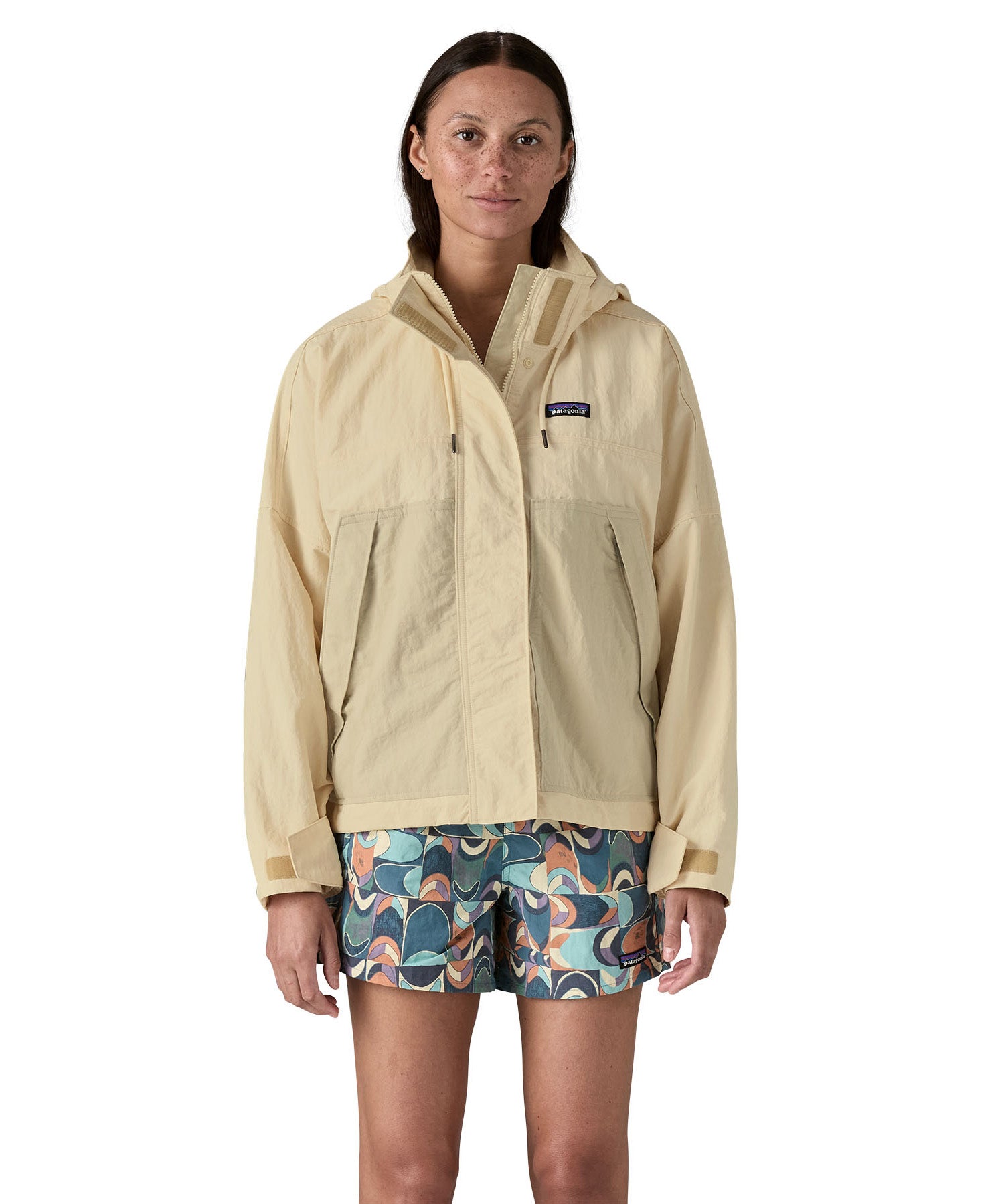 Patagonia women's skysail jacket in a natural colour front detail