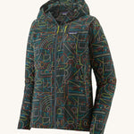 Patagonia Houdini jacket multicoloured lines and nouveau green colour on a cream background. 