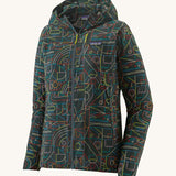 Patagonia Houdini jacket multicoloured lines and nouveau green colour on a cream background. 