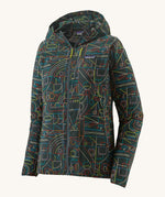 Patagonia Houdini jacket multicoloured lines and nouveau green colour on a cream background. 