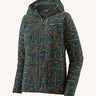 Patagonia Houdini jacket multicoloured lines and nouveau green colour on a cream background. 
